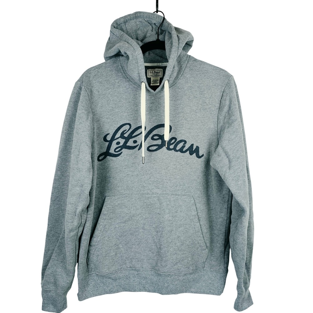LL Bean Men's Small Gray Script Logo Pullover Hoodie Sweatshirt